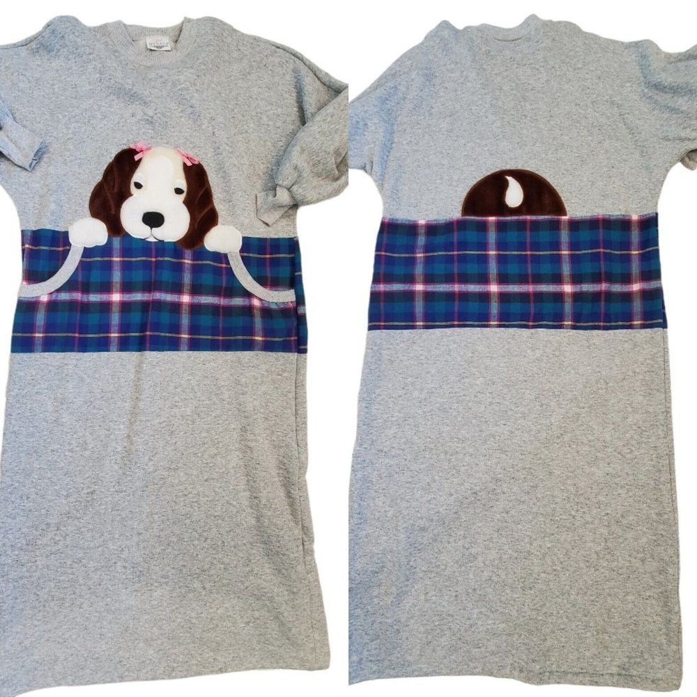 Vintage 80s Womens Long Cozy 3d Dog Nightgown Ankle Length Gray Kidcore Sz M/L